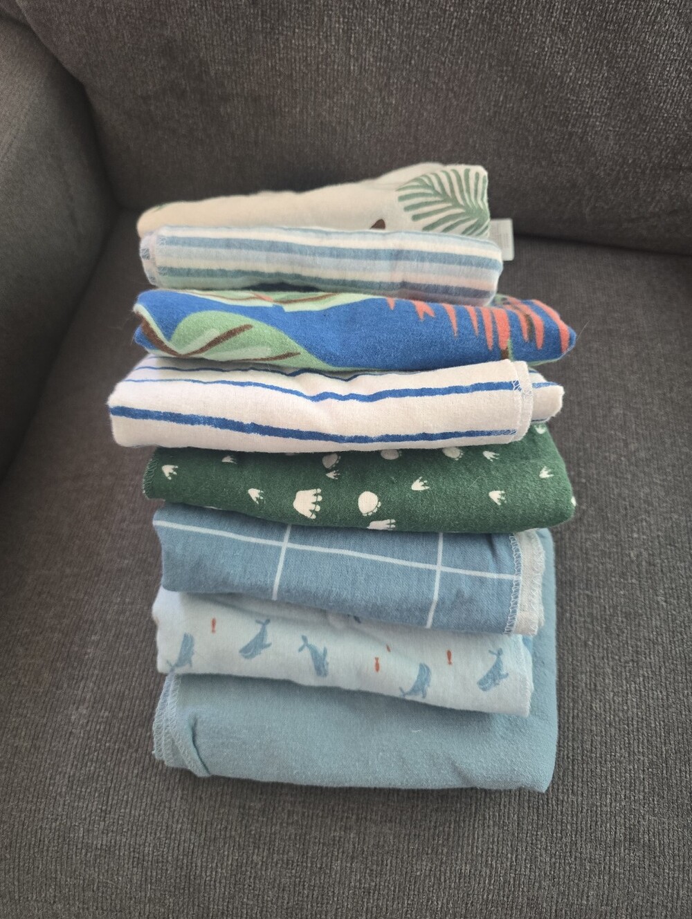 Stack of Assorted Blue & Green Cotton Baby Burp Cloths